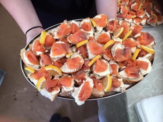 The wedding catering options include a wide selection of Canapes available with various fillings including Salmon and Cream Cheese, Stilton and Grapes,  Leek and Caerphilly cheese tartlets...